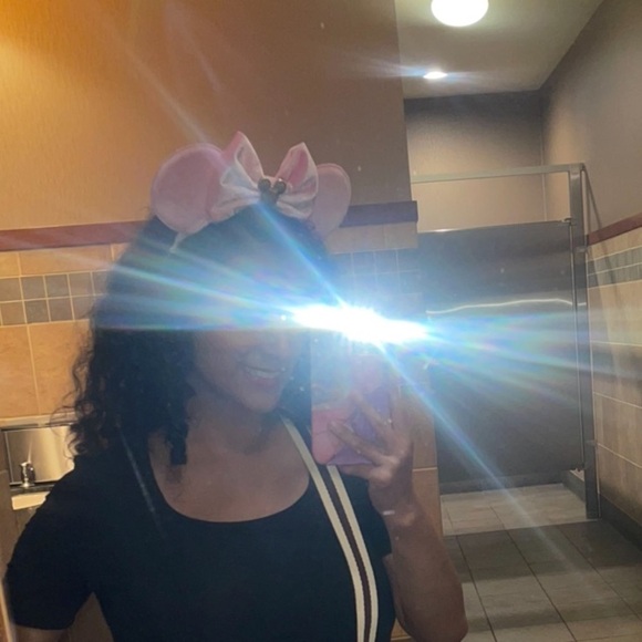 Pink Velvet Minnie Mouse inspired ears with brown charm. - Picture 3 of 5